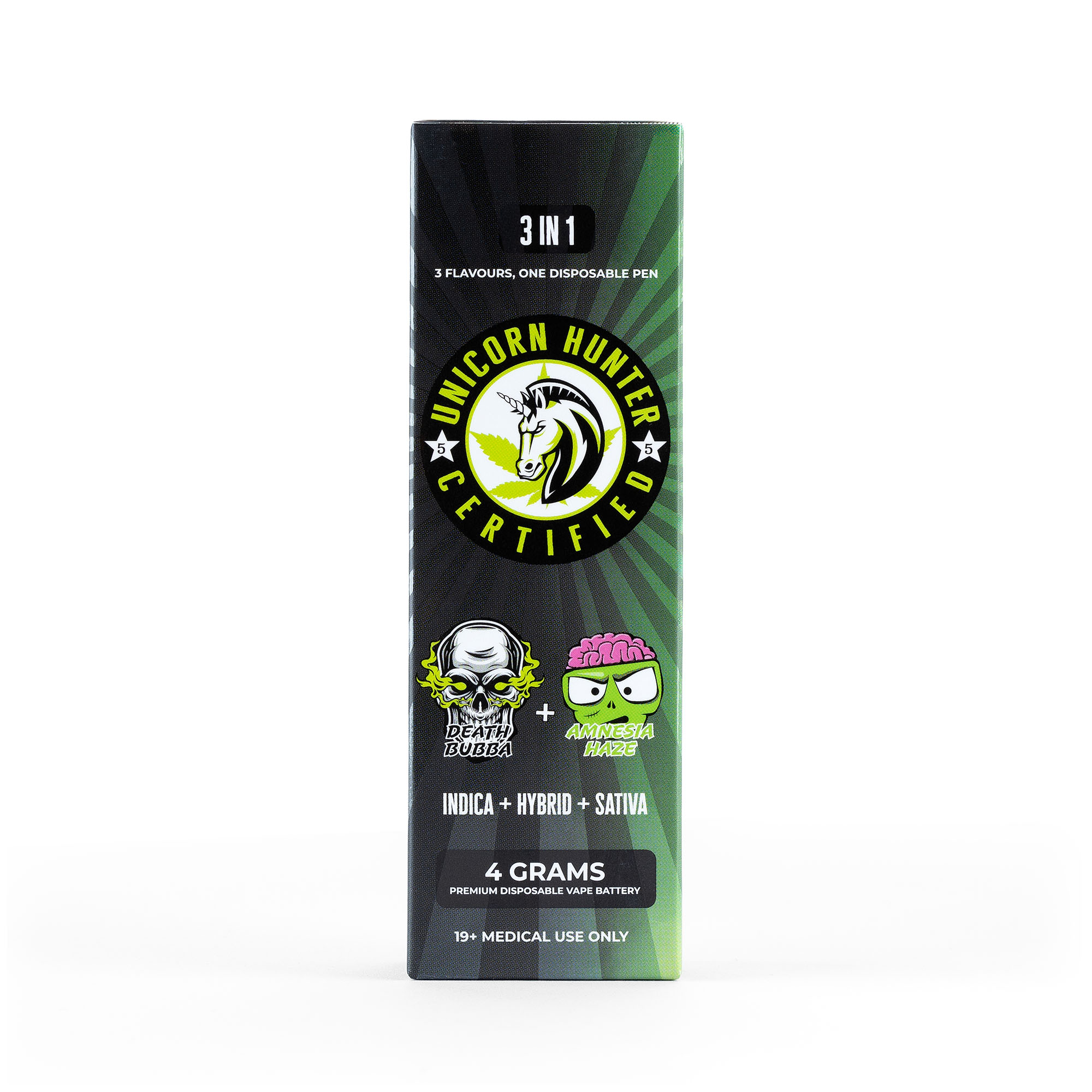Unicorn Hunter - 4 Grams Disposable Dual Chamber Vape Pens - Death Bubba (Indica) + Amnesia Haze (Sativa)